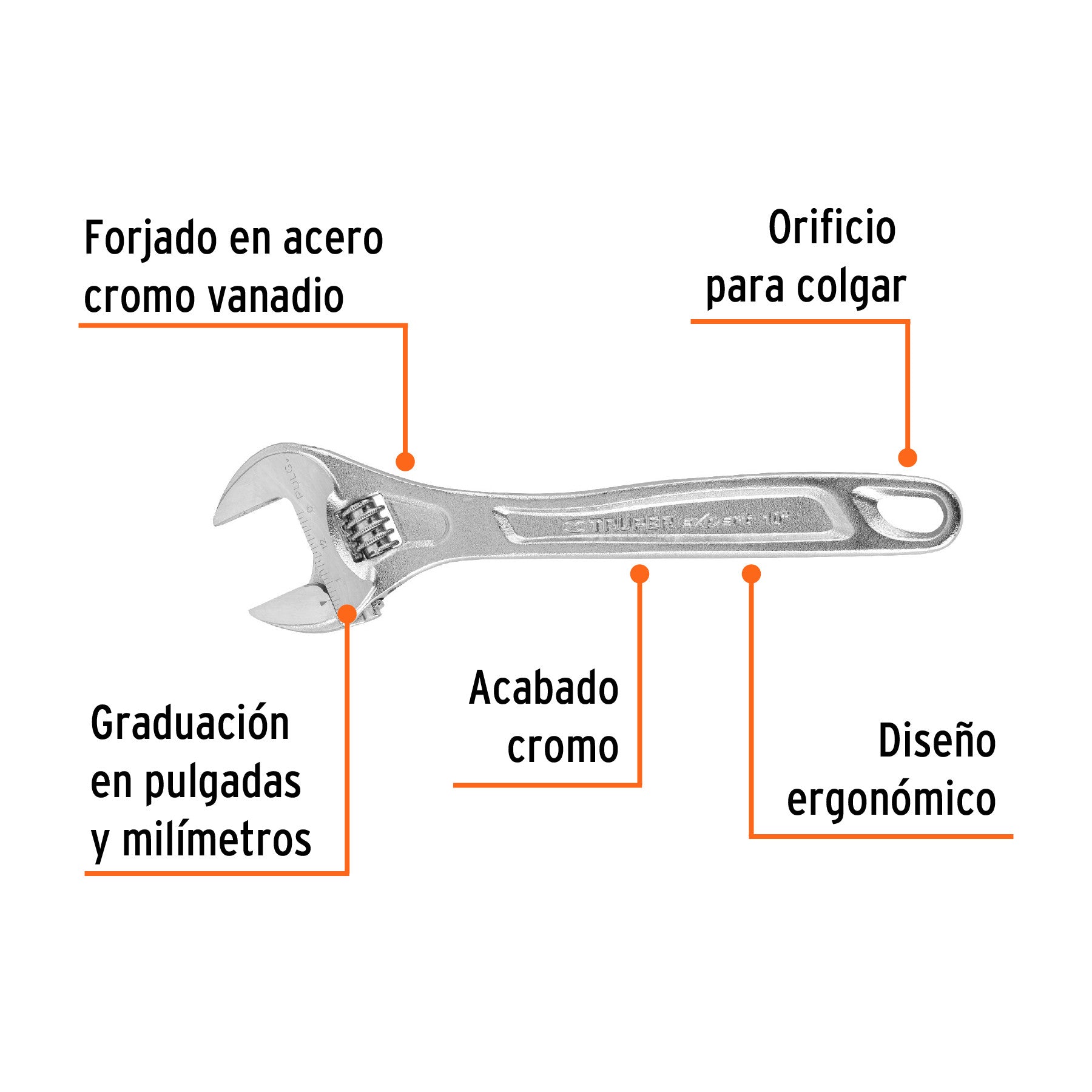 Llave ajustable (perico) 10' profesional cromada, Expert 10'