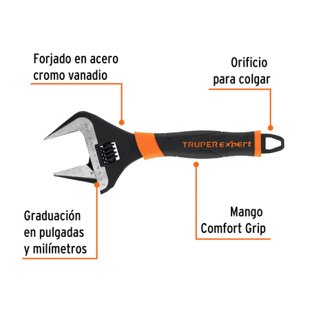 Llave ajustable (perico) 10' boca ancha Comfort Grip, Expert
