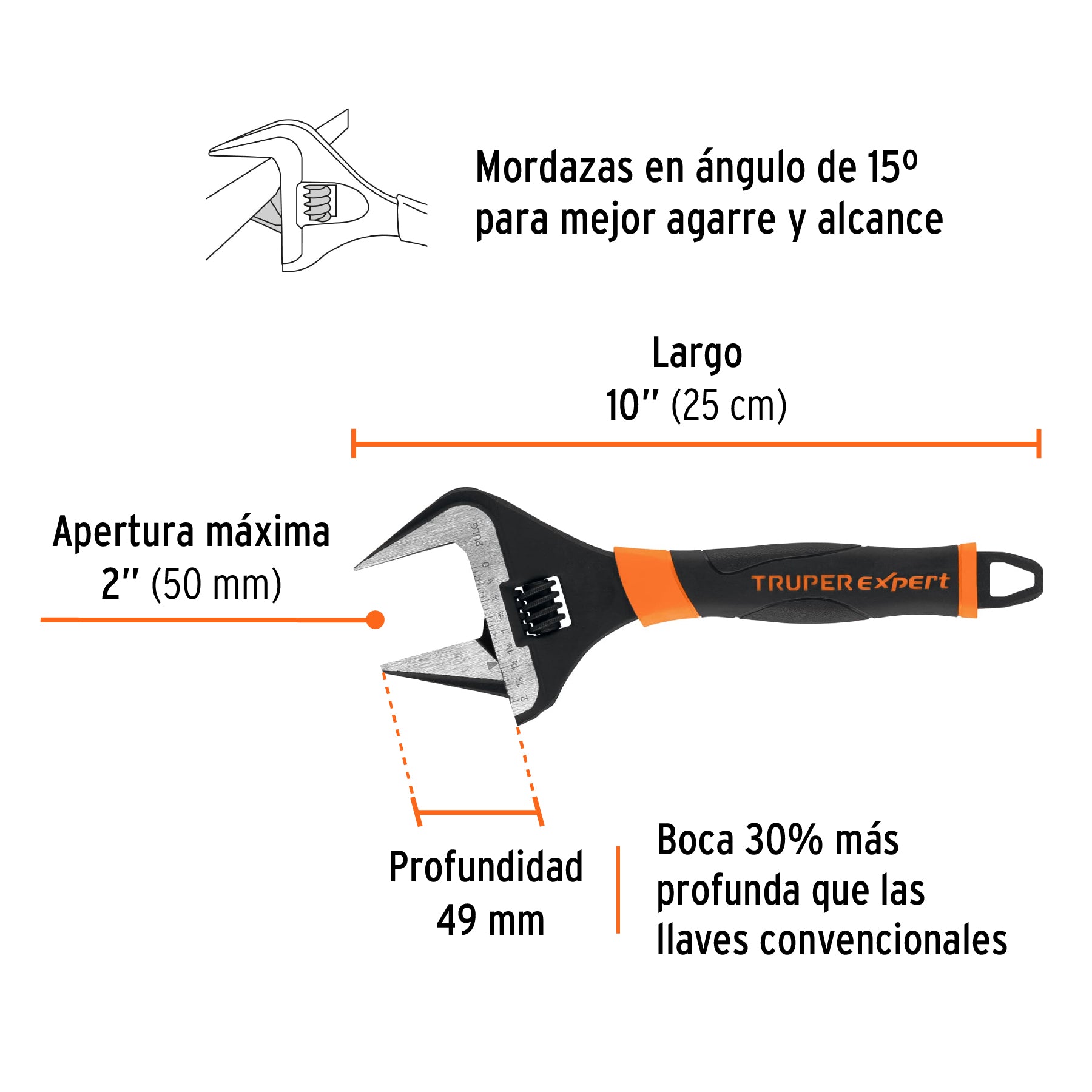 Llave ajustable (perico) 10' boca ancha Comfort Grip, Expert