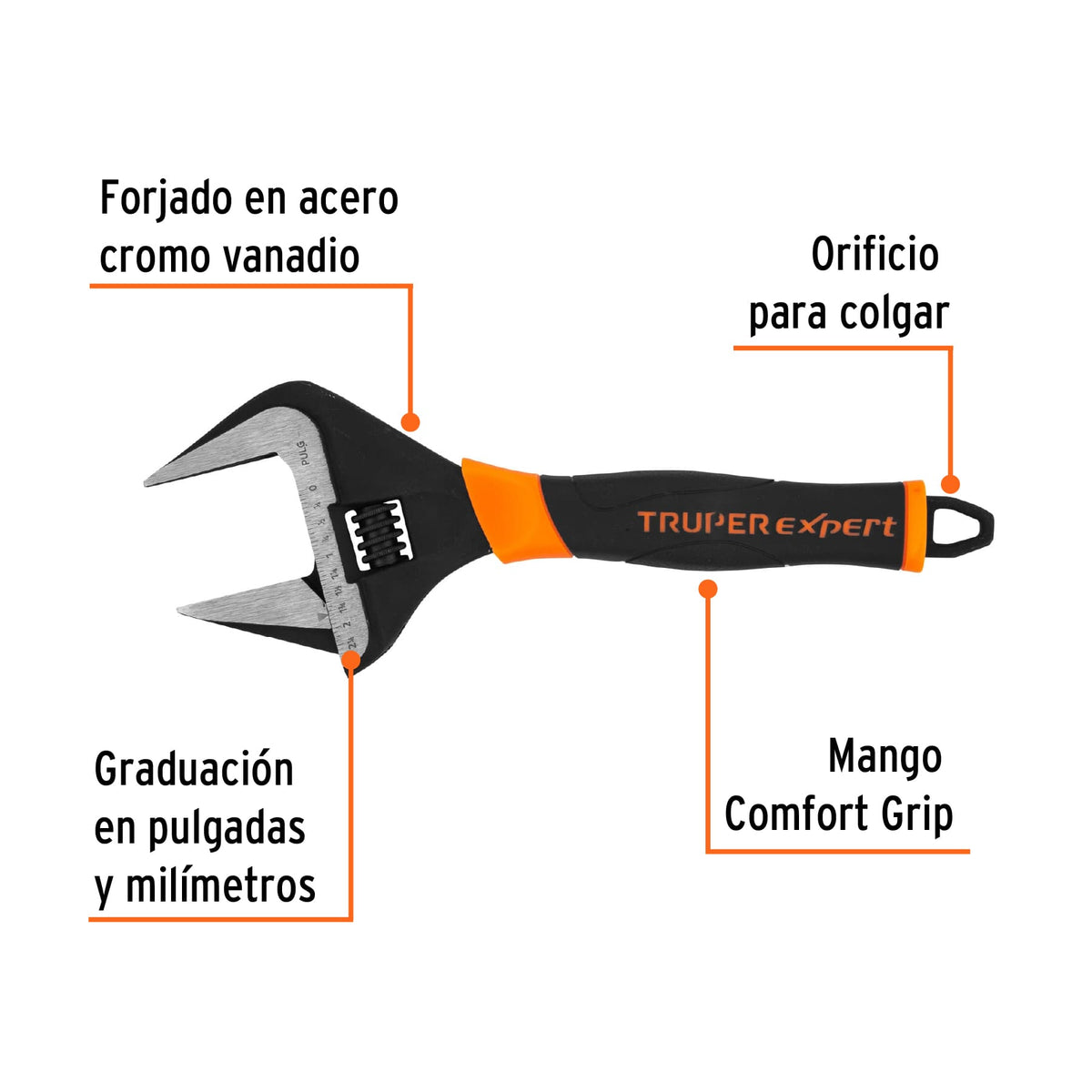 Llave ajustable (perico) 12' boca ancha Comfort Grip, Expert