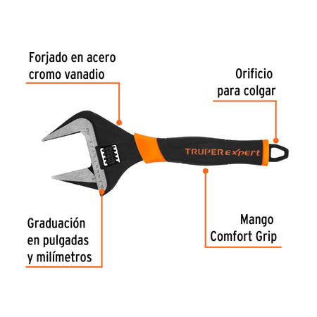 Llave ajustable (perico) 12' boca ancha Comfort Grip, Expert
