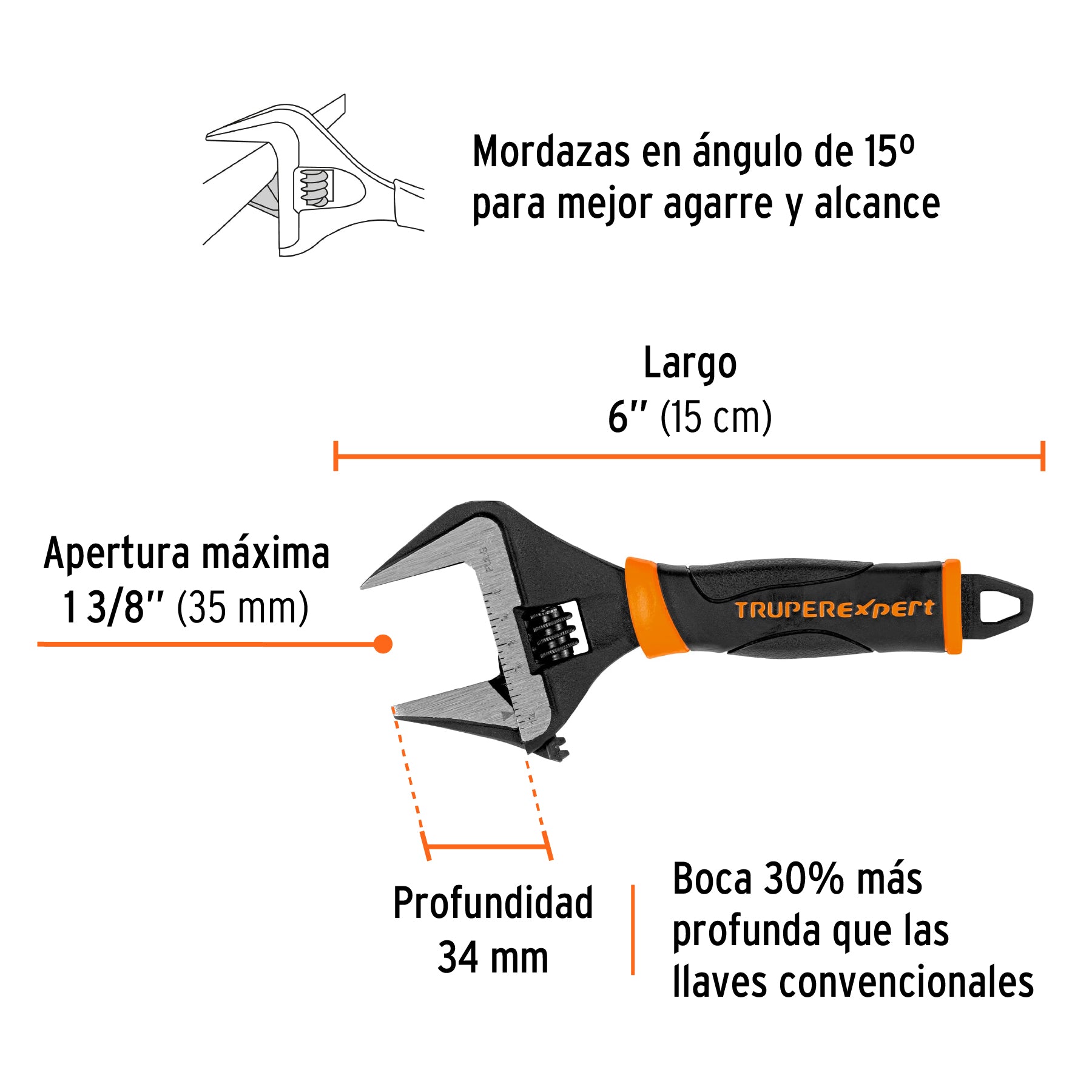 Llave ajustable (perico) boca ancha Comfort Grip Expert 6"