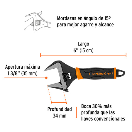 Llave ajustable (perico) boca ancha Comfort Grip Expert 6"
