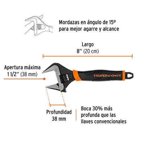 Llave ajustable (perico) boca ancha Comfort Grip Expert 8"