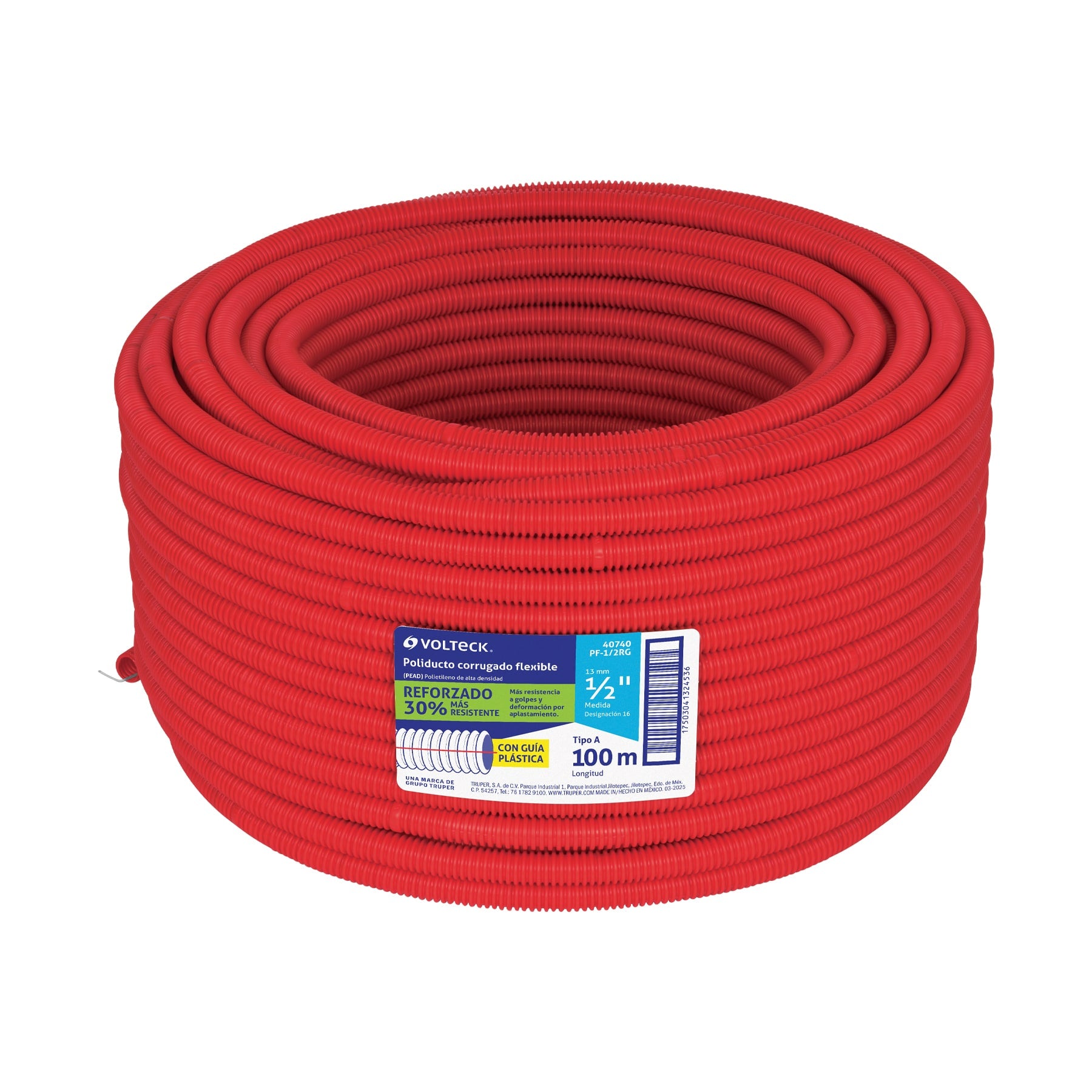 Metro de poliducto 1/2' corrugado flex. reforz. c/guía, 100m 1/2', 100m