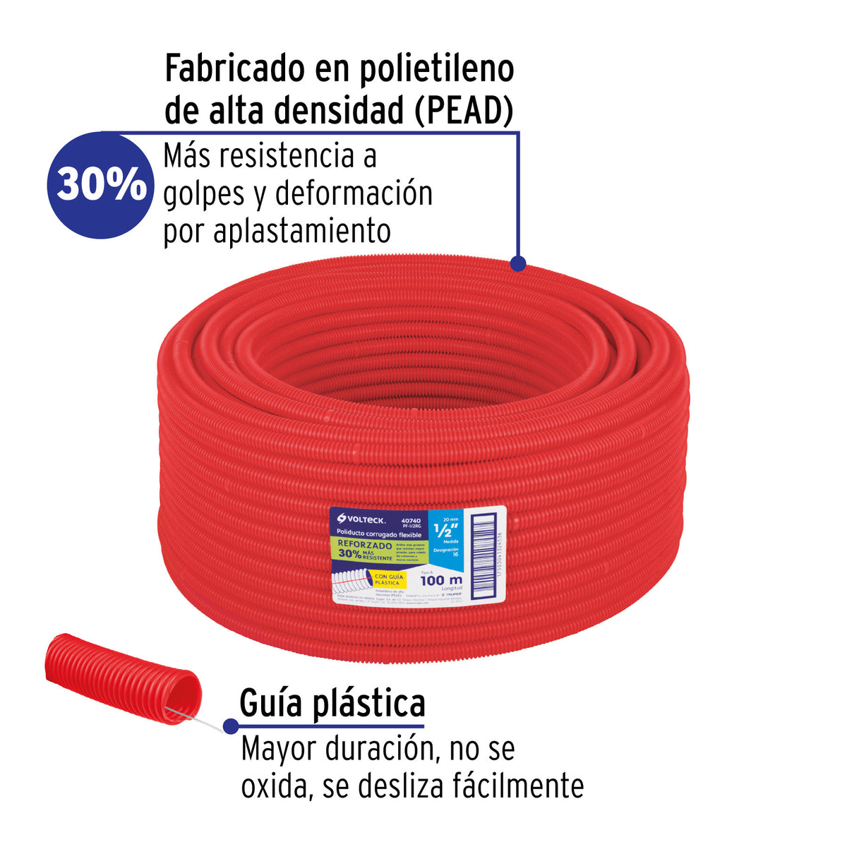 Metro de poliducto 1/2' corrugado flex. reforz. c/guía, 100m 1/2', 100m