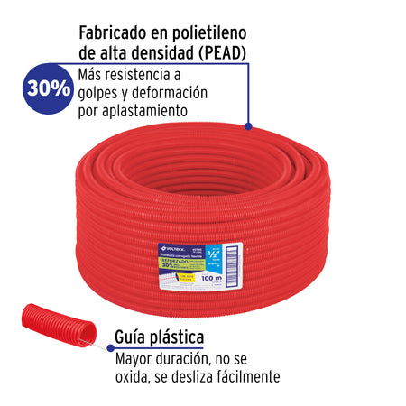 Metro de poliducto 1/2' corrugado flex. reforz. c/guía, 100m 1/2', 100m
