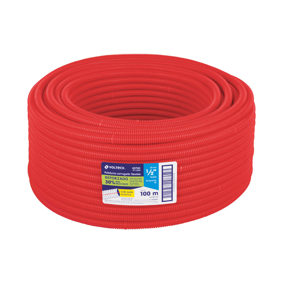 Metro de poliducto 1/2' corrugado flex. reforz. c/guía, 100m 1/2', 100m