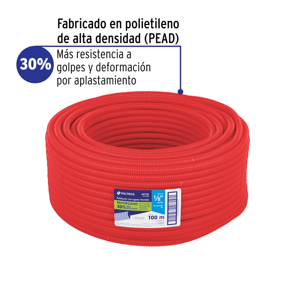Metro de poliducto 1/2' corrugado flex. reforz. s/guía, 100m 1/2', 100m