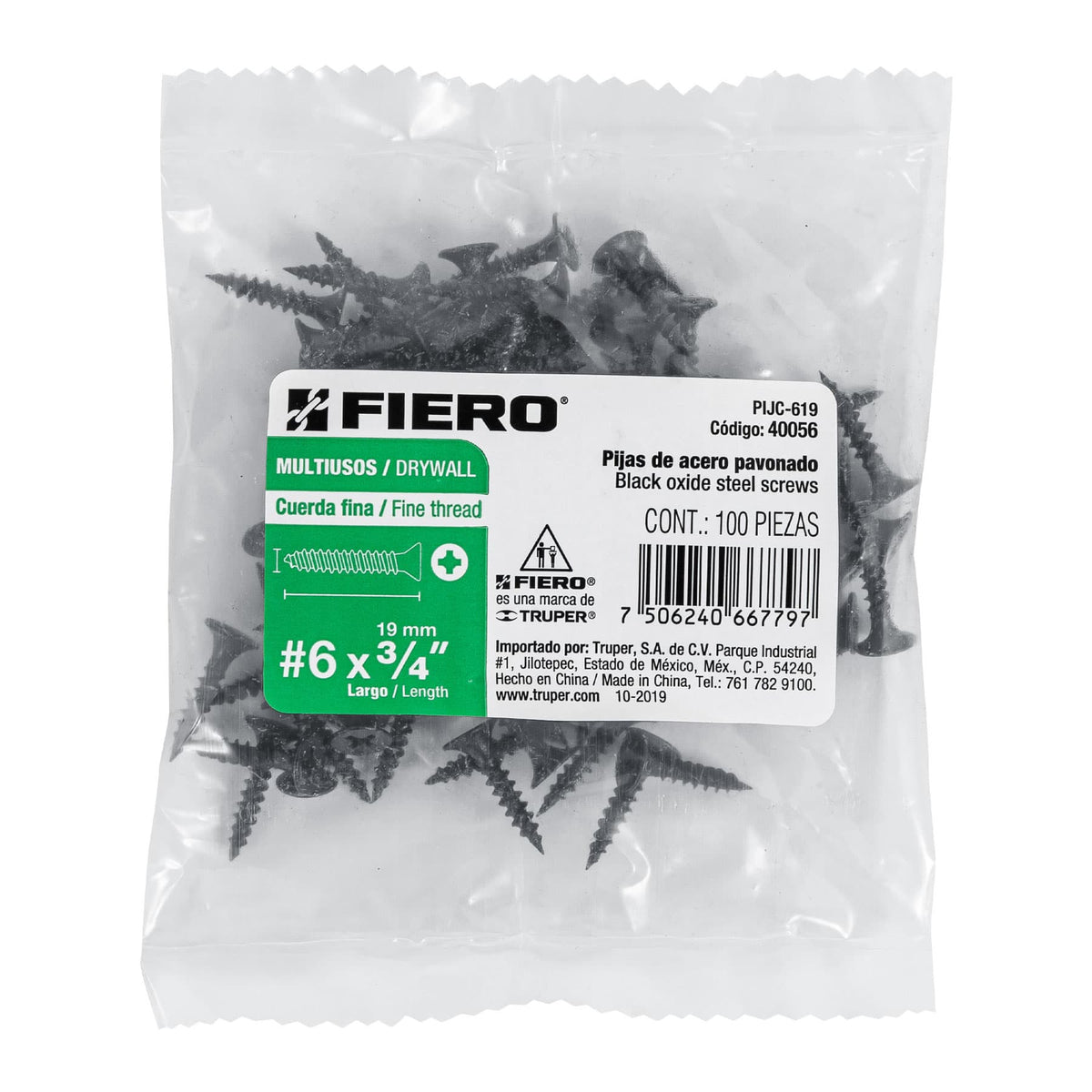 Bolsa con 100 pijas #6 x 3/4' multiusos cuerda fina, FIERO