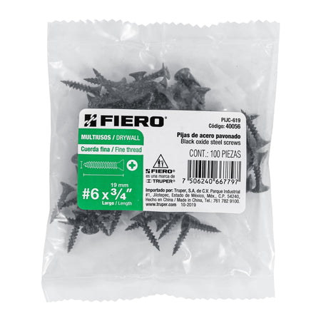 Bolsa con 100 pijas #6 x 3/4' multiusos cuerda fina, FIERO
