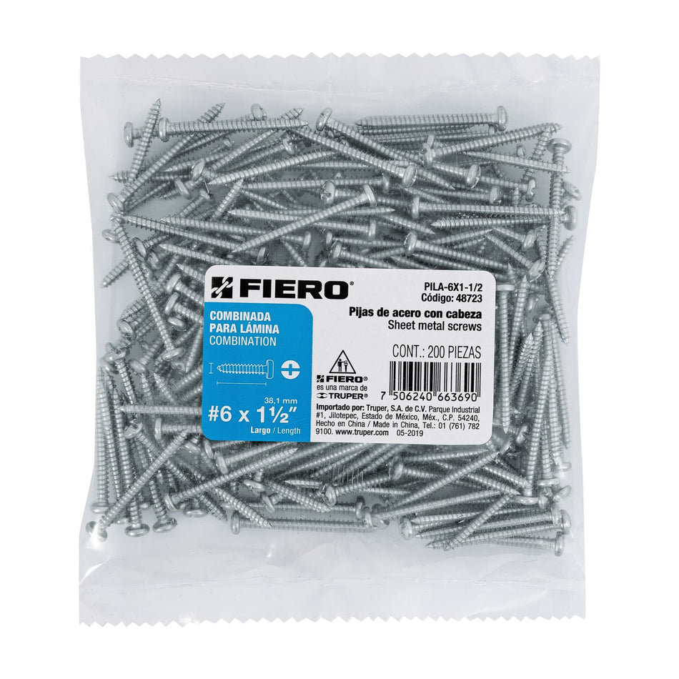 Bolsa con 200 pijas para lámina, #6 x 1-1/2', FIERO