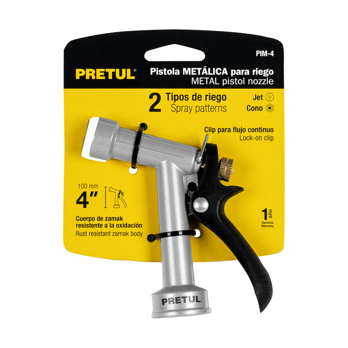 Pistola metálica para riego de 4', 2 funciones, PRETUL 4'