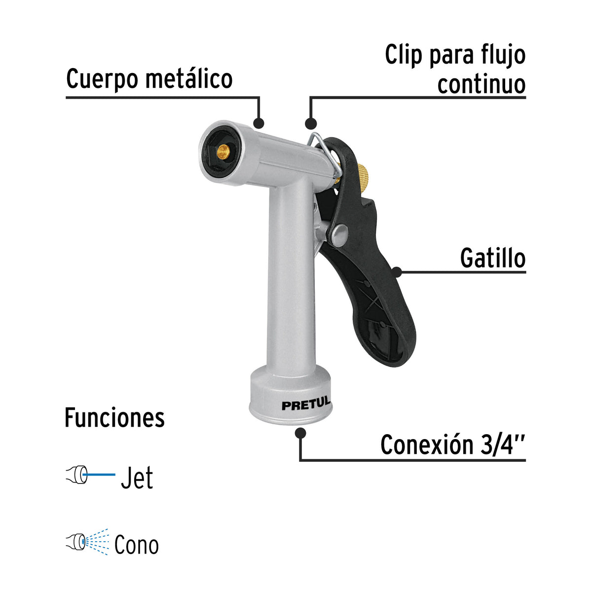 Pistola metálica para riego de 4', 2 funciones, PRETUL 4'
