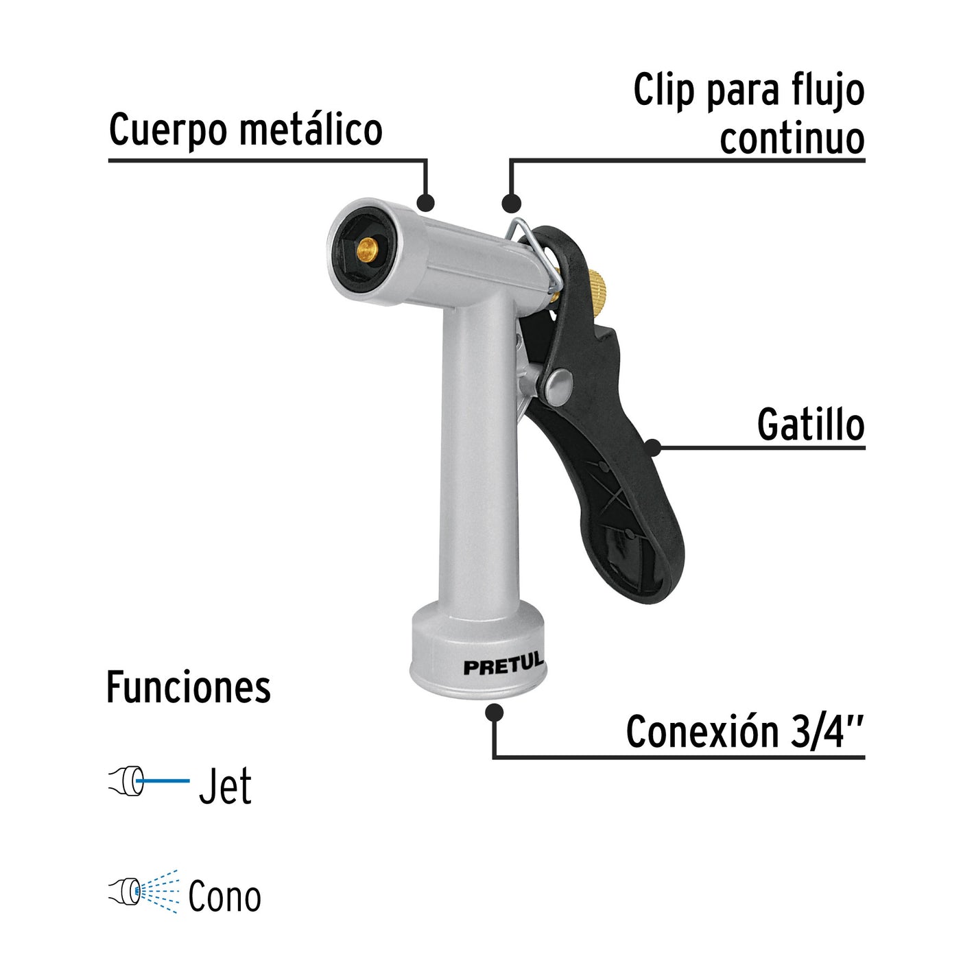 Pistola metálica para riego de 4', 2 funciones, PRETUL 4'
