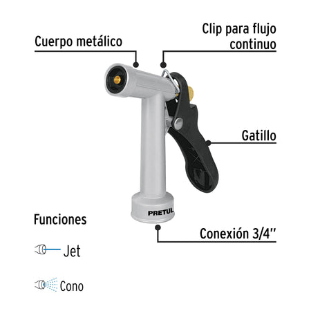 Pistola metálica para riego de 4', 2 funciones, PRETUL 4'