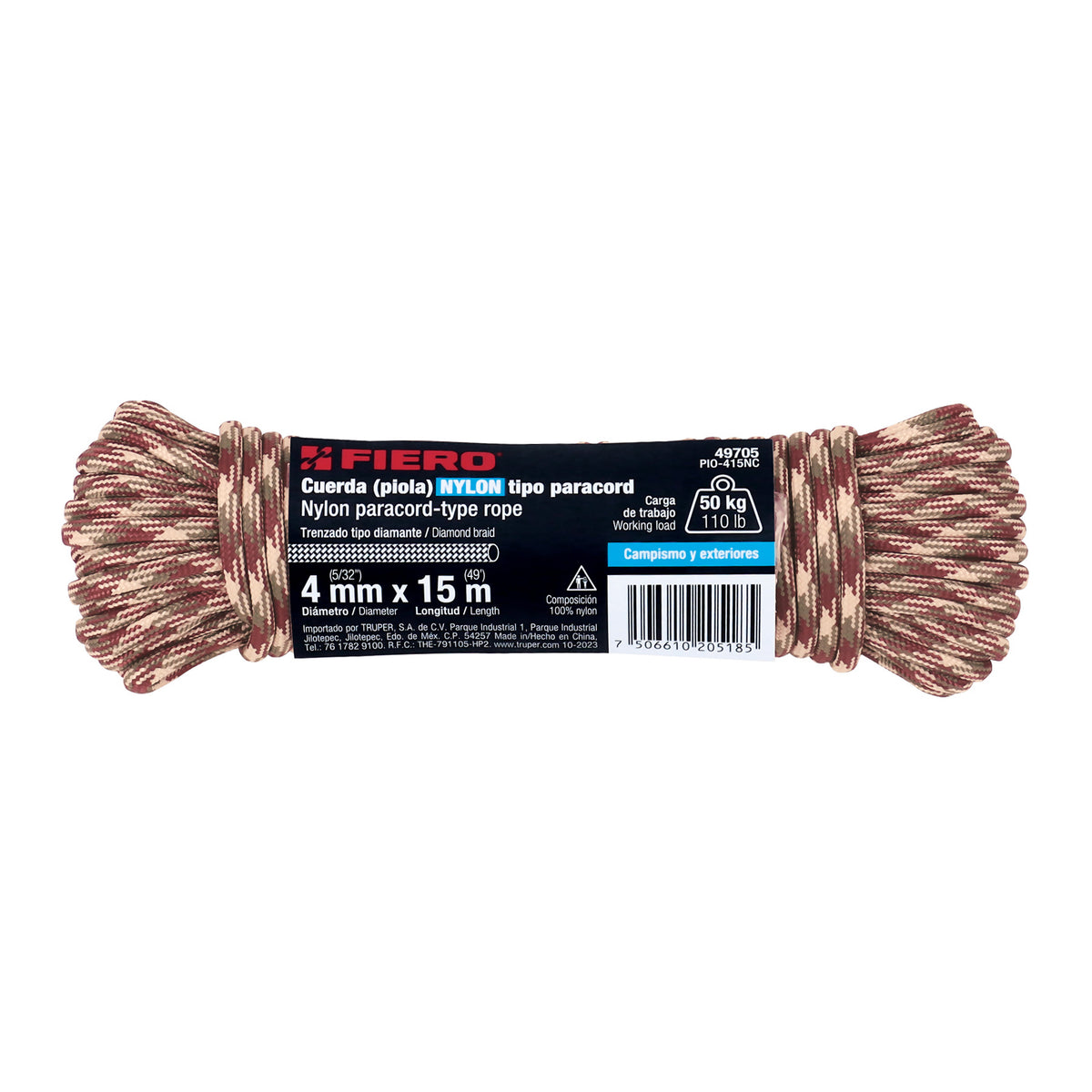 Piola de nylon paracord de 4mm x 15m camo, madeja, FIERO
