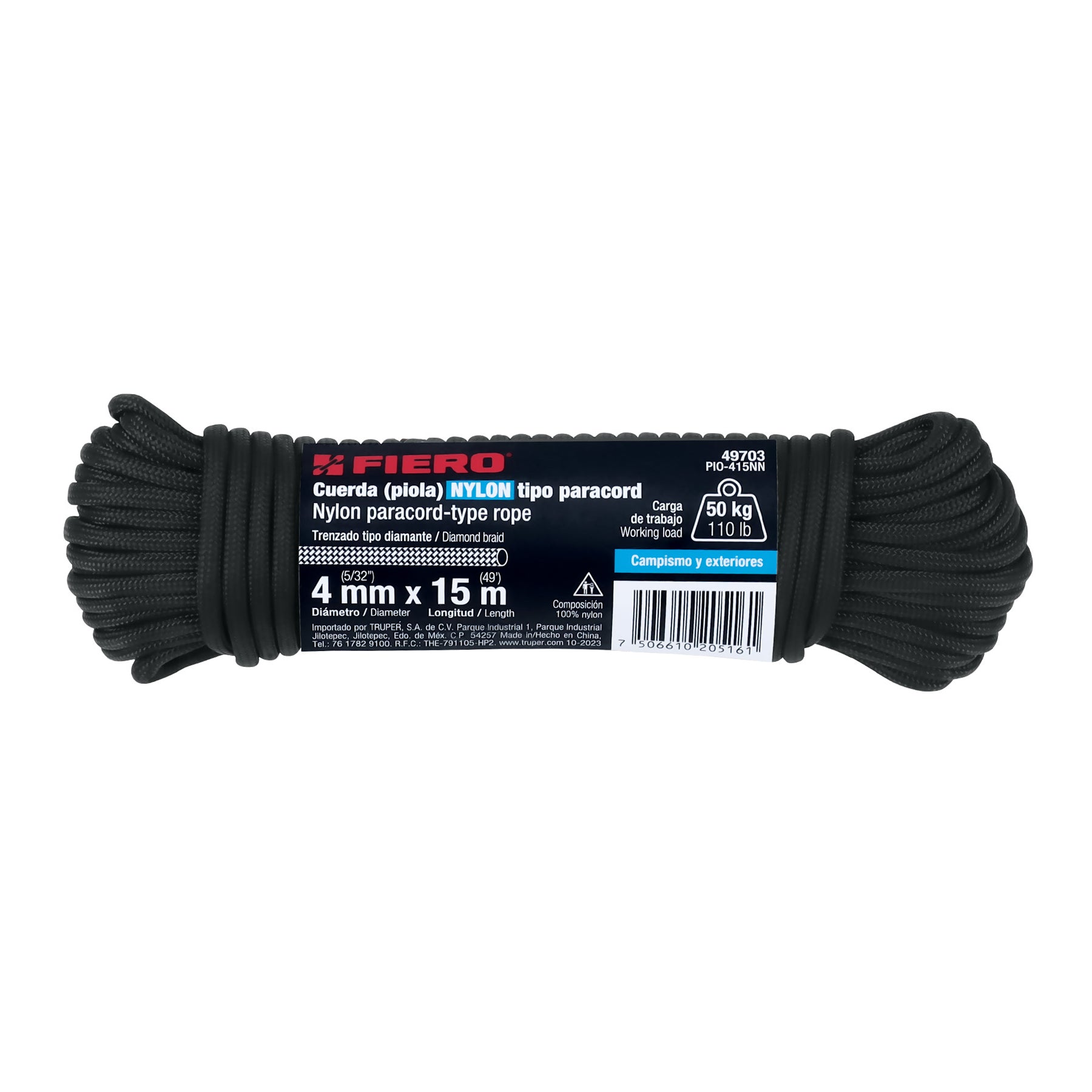 Piola de nylon paracord de 4mm x 15m negro, madeja, FIERO