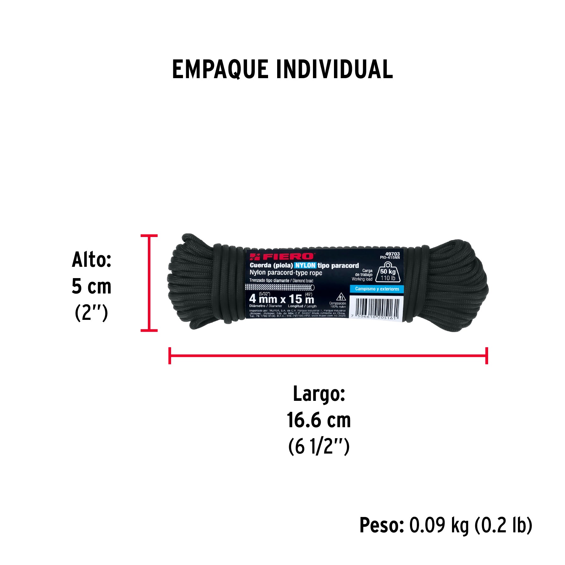 Piola de nylon paracord de 4mm x 15m negro, madeja, FIERO