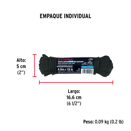 Piola de nylon paracord de 4mm x 15m negro, madeja, FIERO