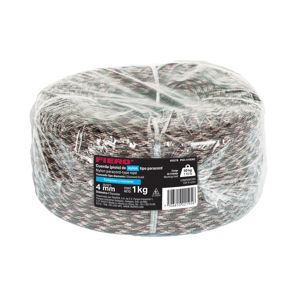 Piola de nylon paracord de 4mm, rollo, camo, 1kg, FIERO