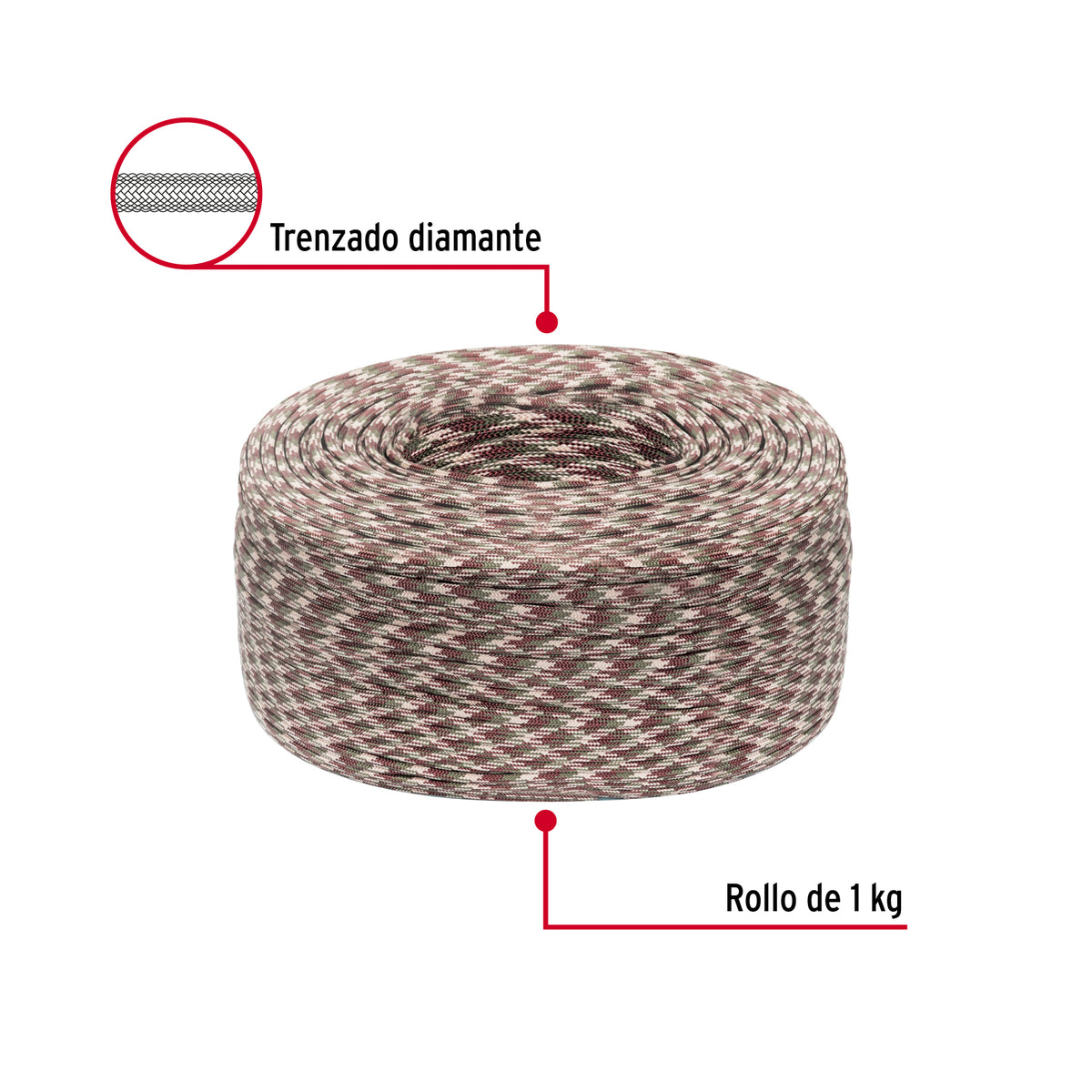 Piola de nylon paracord de 4mm, rollo, camo, 1kg, FIERO