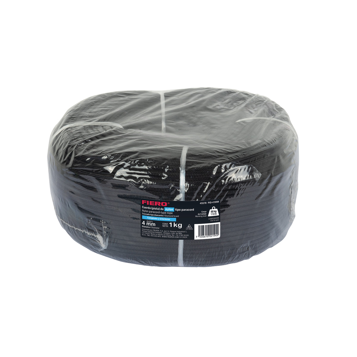 Piola de nylon paracord de 4mm, rollo, negro, 1kg, FIERO