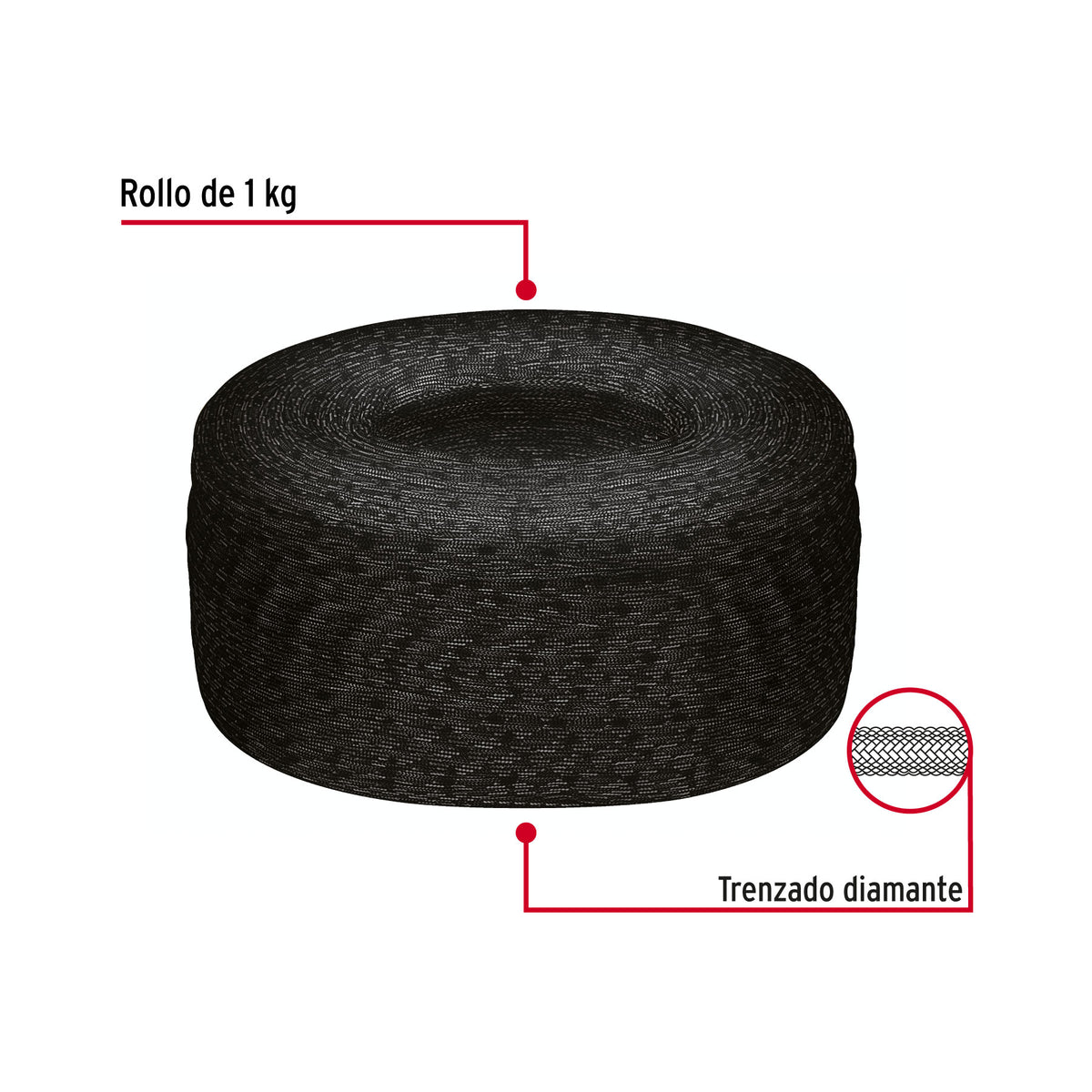 Piola de nylon paracord de 4mm, rollo, negro, 1kg, FIERO