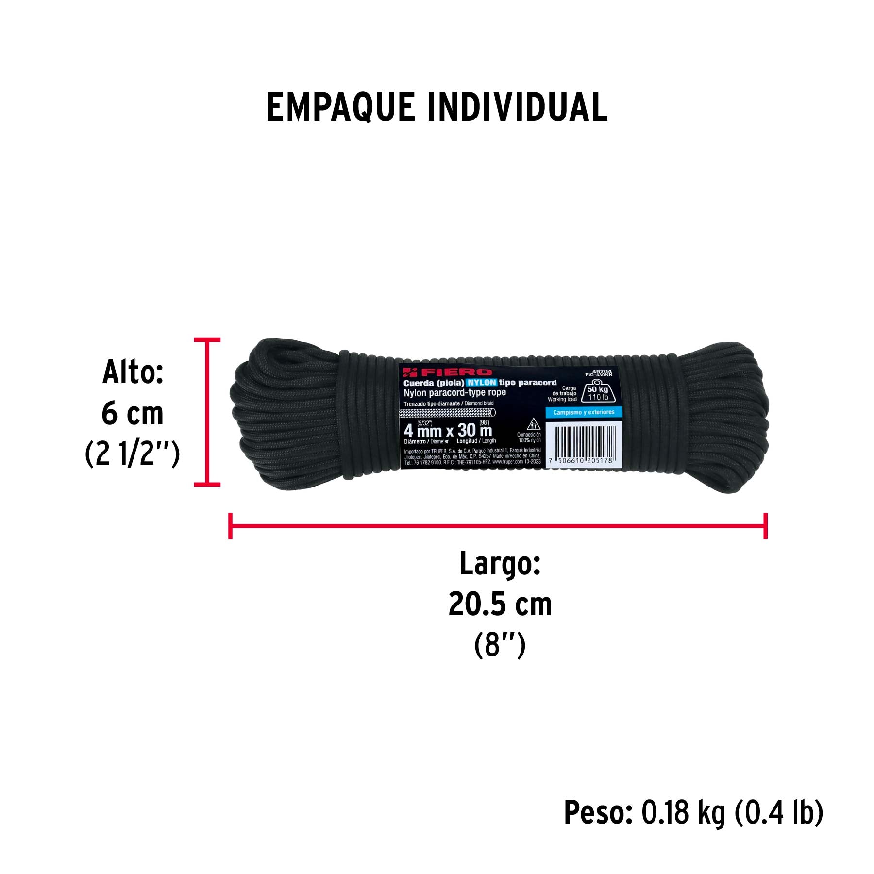 Piola de nylon paracord de 4mm x 30m negro, madeja, FIERO