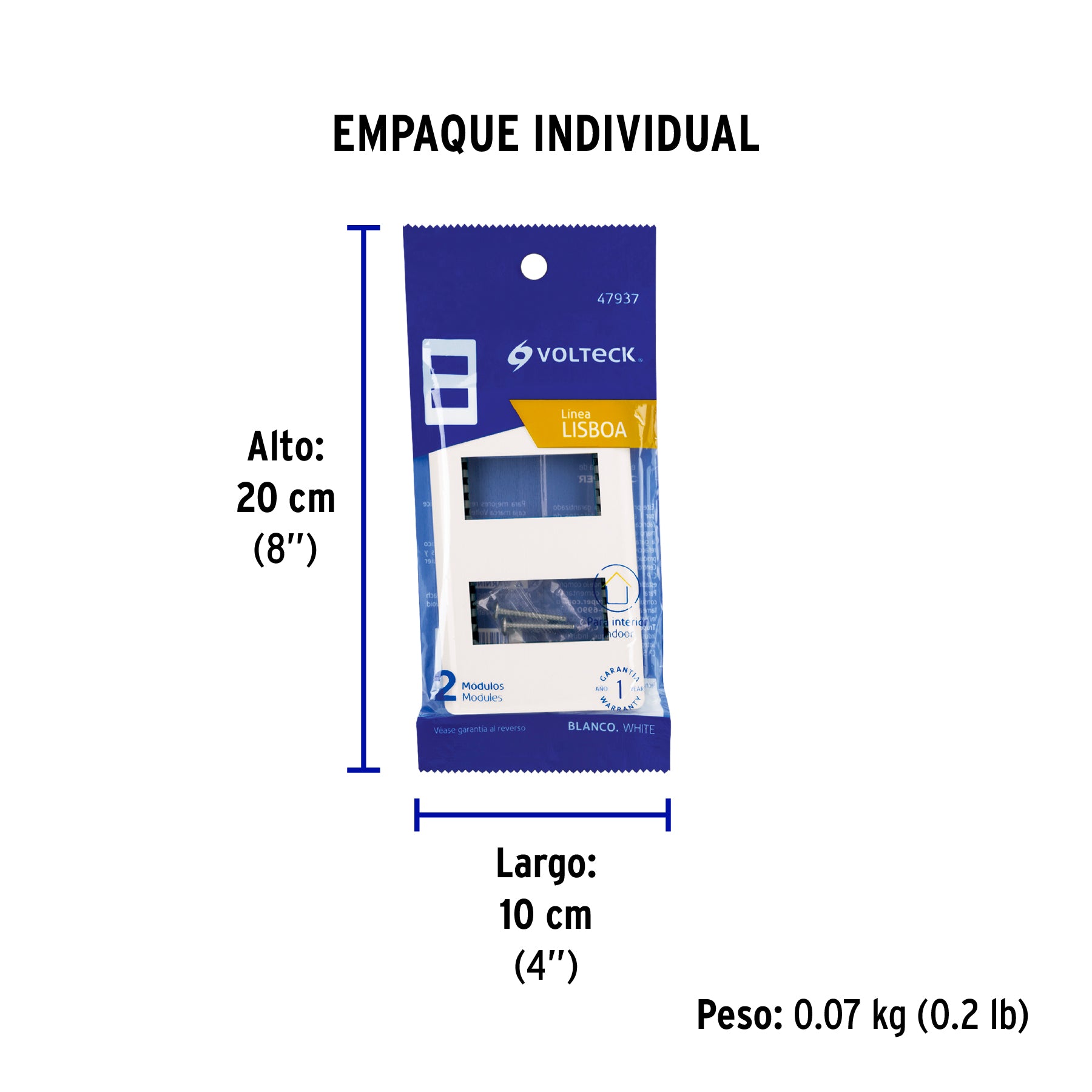 Placa blanca de 2 ventanas 1 módulo, línea Lisboa, Volteck