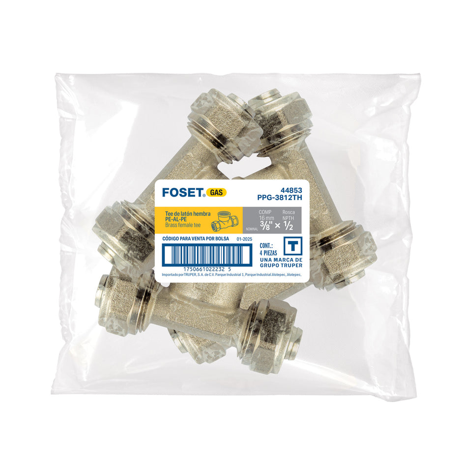 Tee para PEALPE,3/8x1/2x3/8',con rosca hembra central, FOSET
