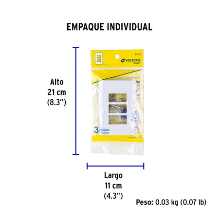 Placa 3 módulos de ABS, blanca, Volteck Basic