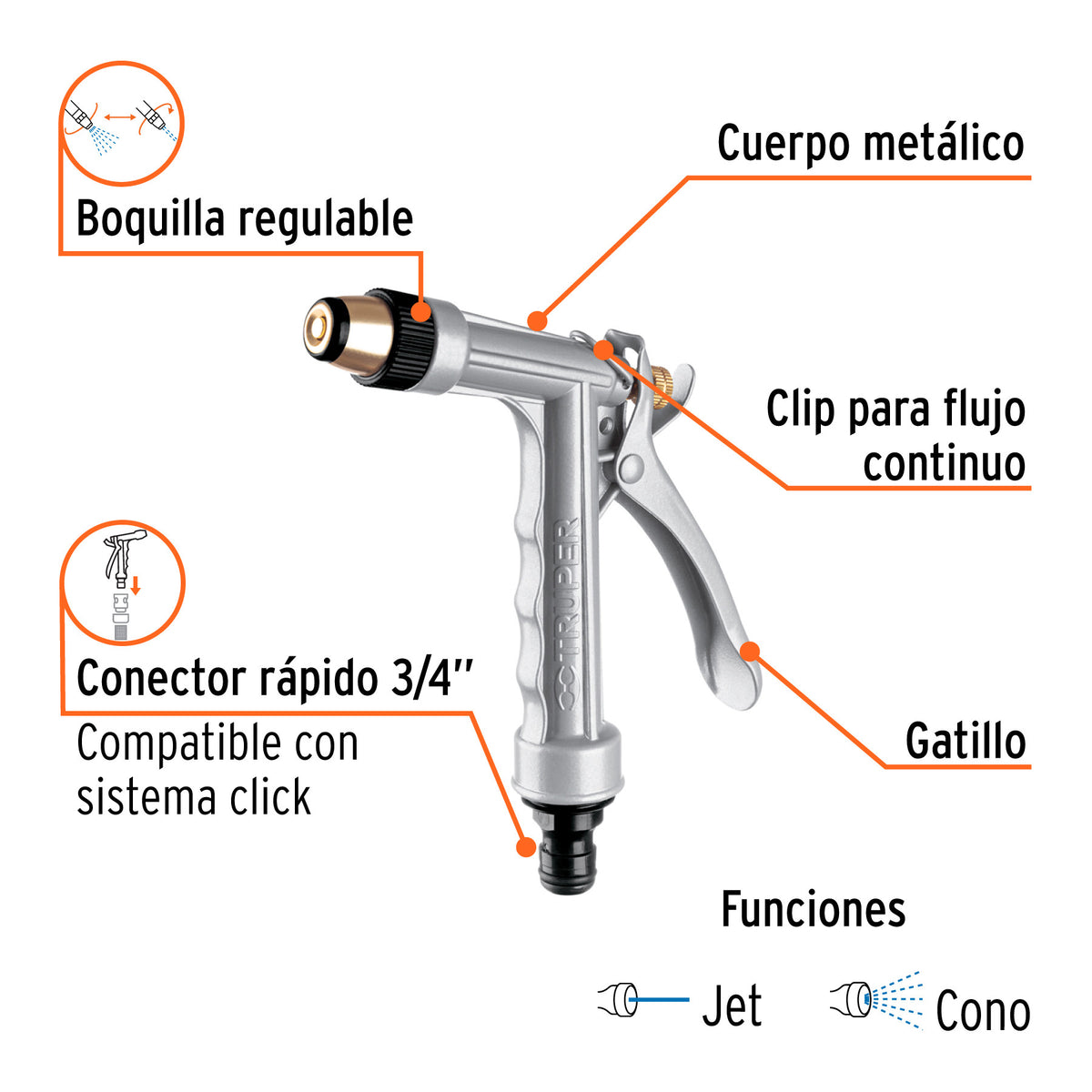 Pistola metálica para riego, 2 funciones, boquilla regulable