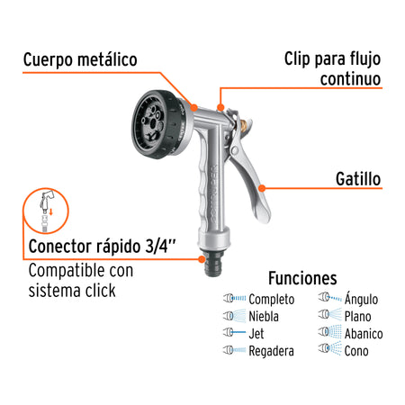 Pistola metálica para riego, 8 funciones, TRUPER