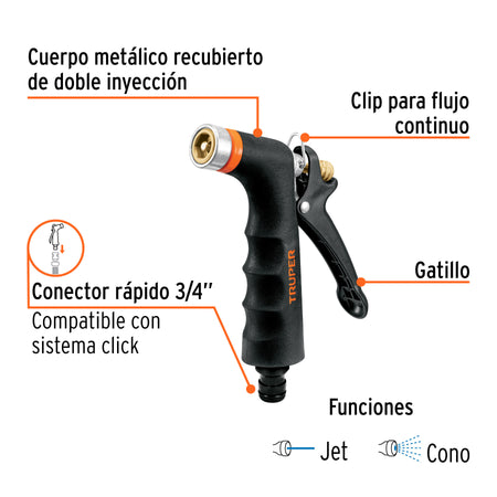 Pistola para riego de 2 funciones metálica con recubrimiento