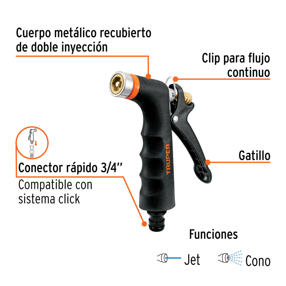 Pistola para riego de 2 funciones metálica con recubrimiento