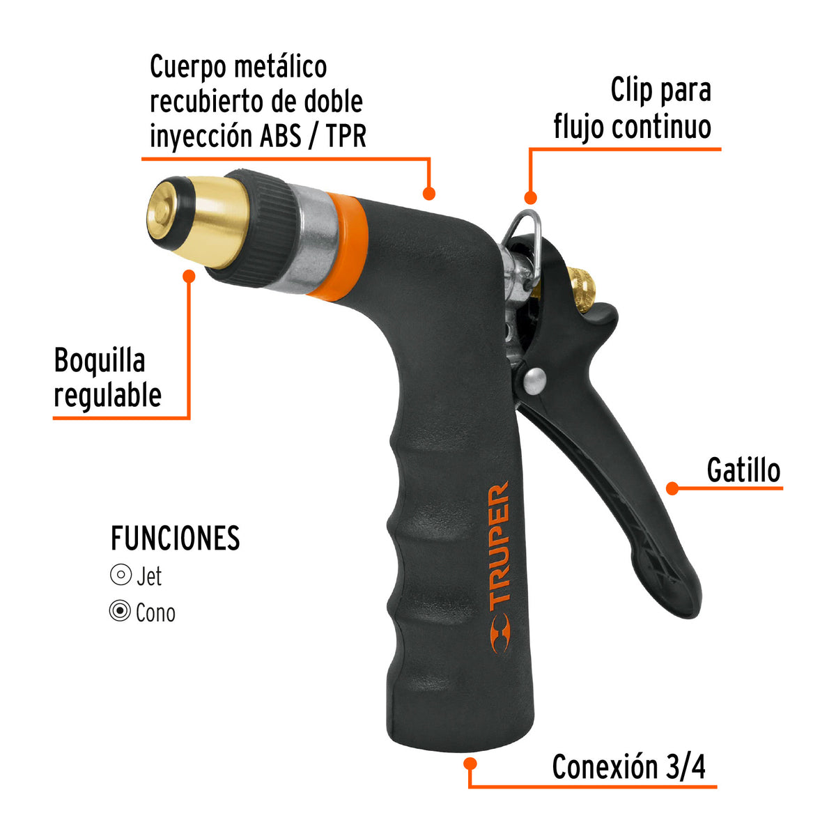 Pistola para riego 2 funciones con recubrimiento y boquilla