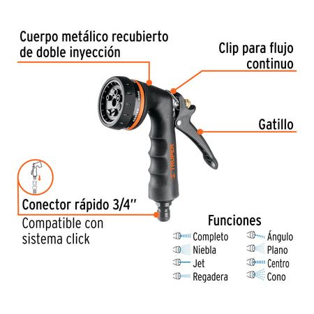 Pistola para riego de 8 funciones metálica con recubrimiento