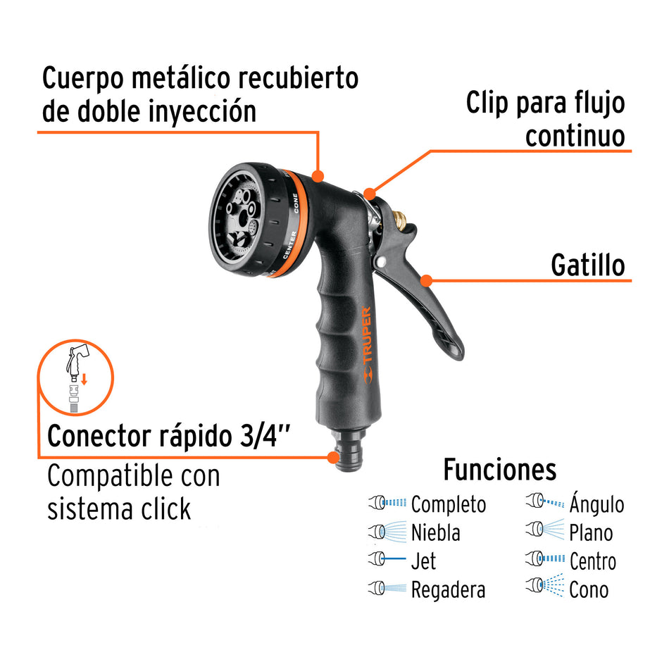Pistola para riego de 8 funciones metálica con recubrimiento