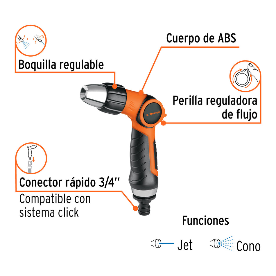 Pistola para riego 2 funciones plástica, boquilla regulable