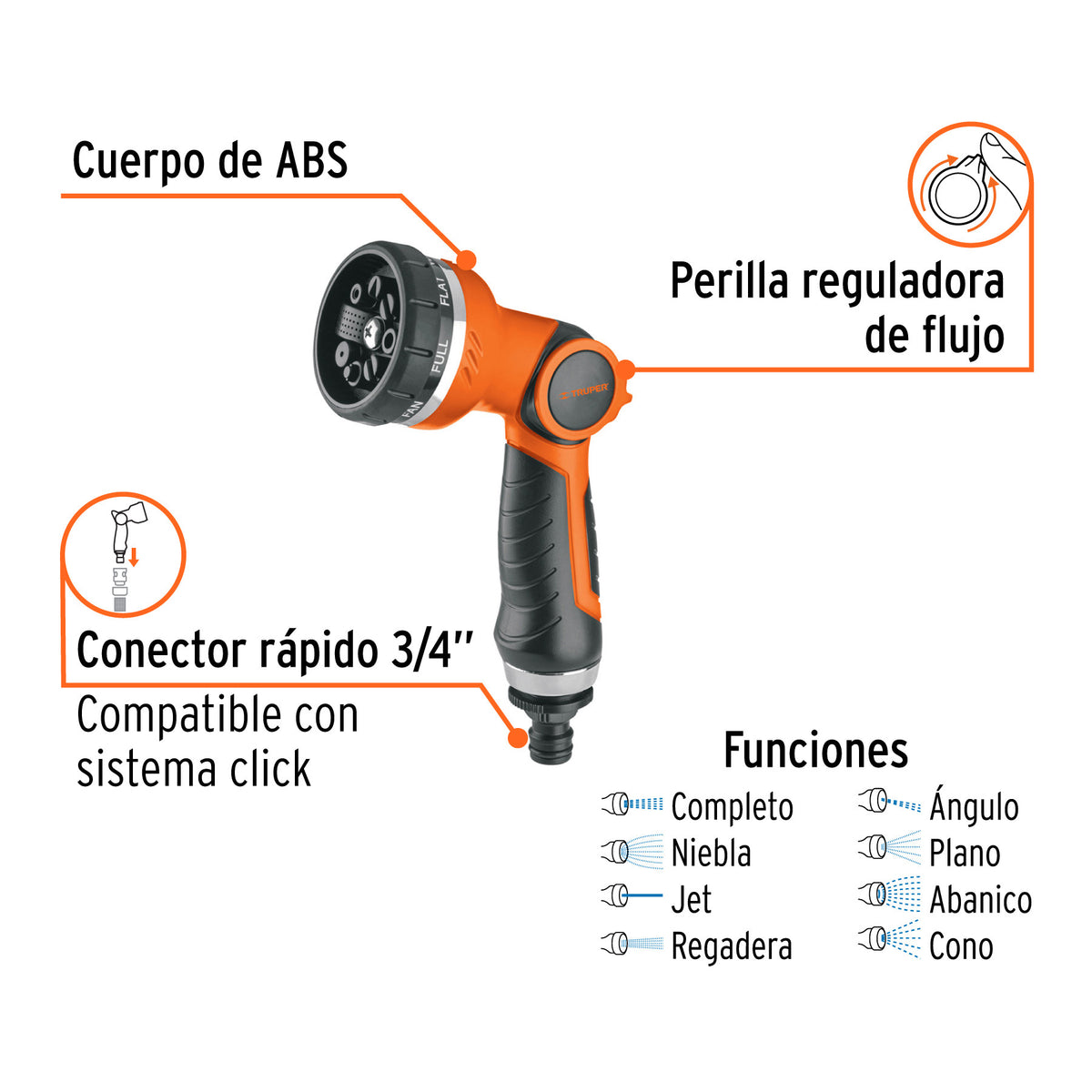 Pistola para riego de 8 funciones plástica, Truper