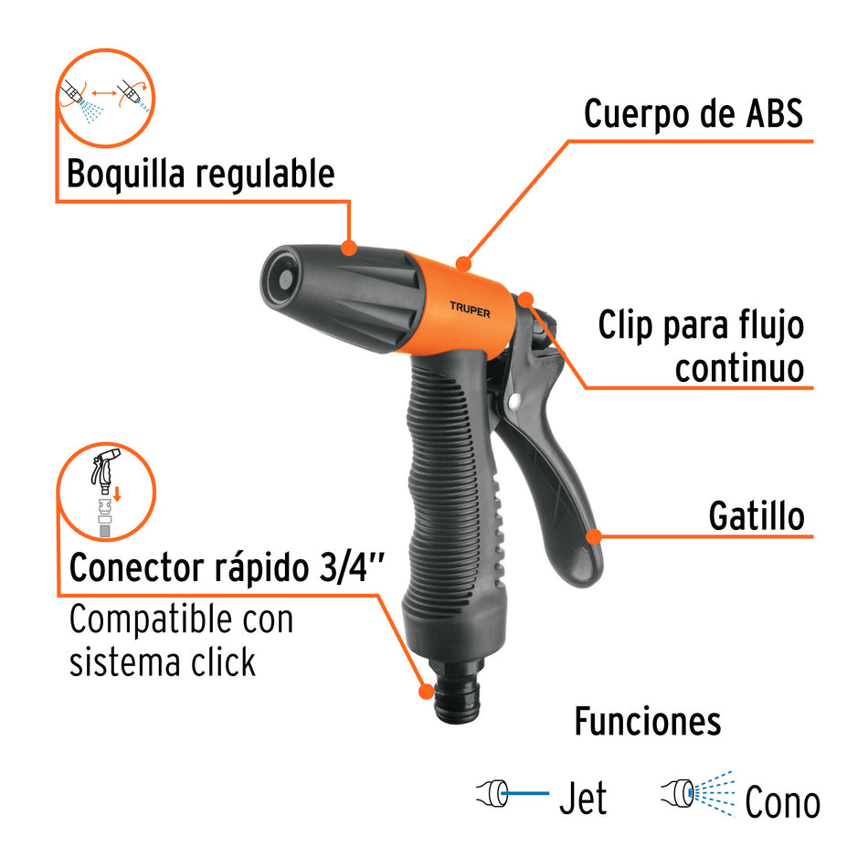 Pistola para riego de 2 funciones plástica con recubrimiento