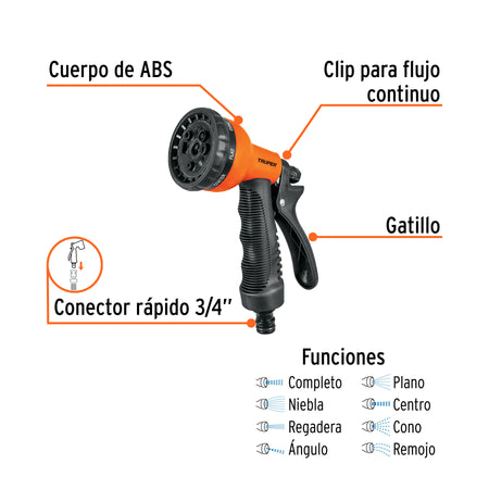 Pistola para riego de 8 funciones plástica con recubrimiento