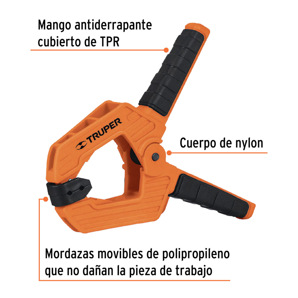 Prensa de resorte de 4', cuerpo de nylon con mango de TPR 4'