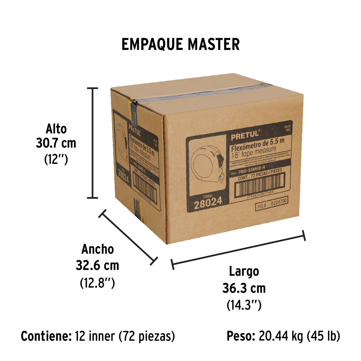Flexómetro rojo 5.5 m cinta 25 mm, en tarjeta, PRETUL