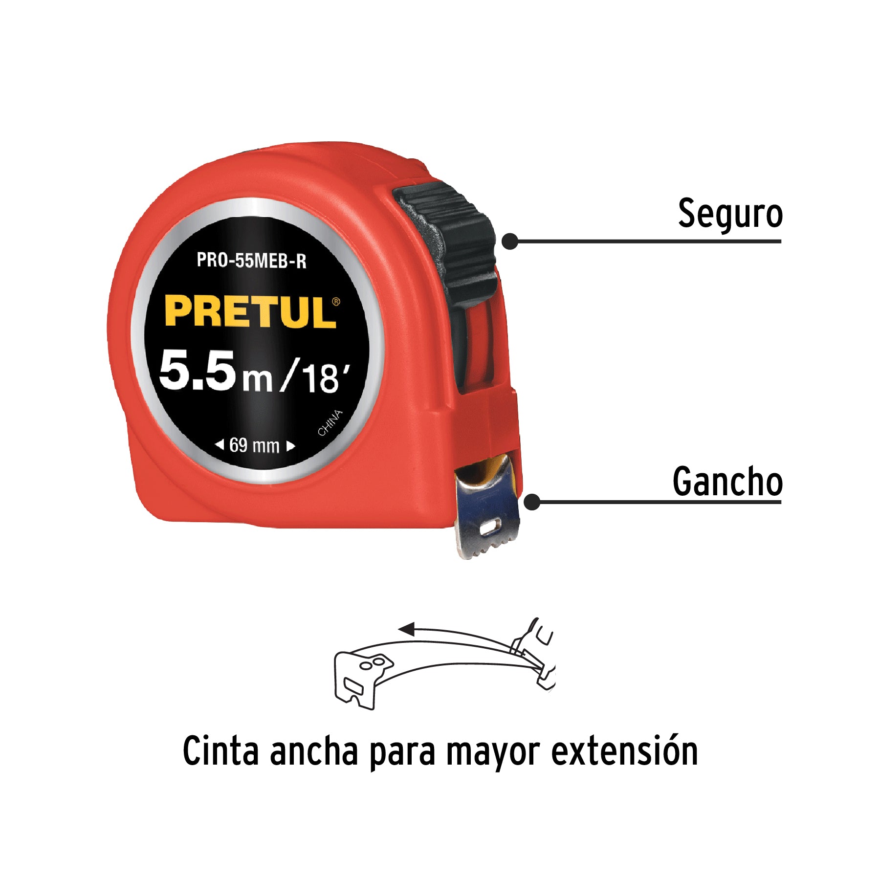 Flexómetro rojo 5.5 m cinta 25 mm, en tarjeta, PRETUL