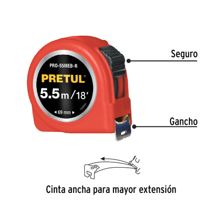 Flexómetro rojo 5.5 m cinta 25 mm, en tarjeta, PRETUL