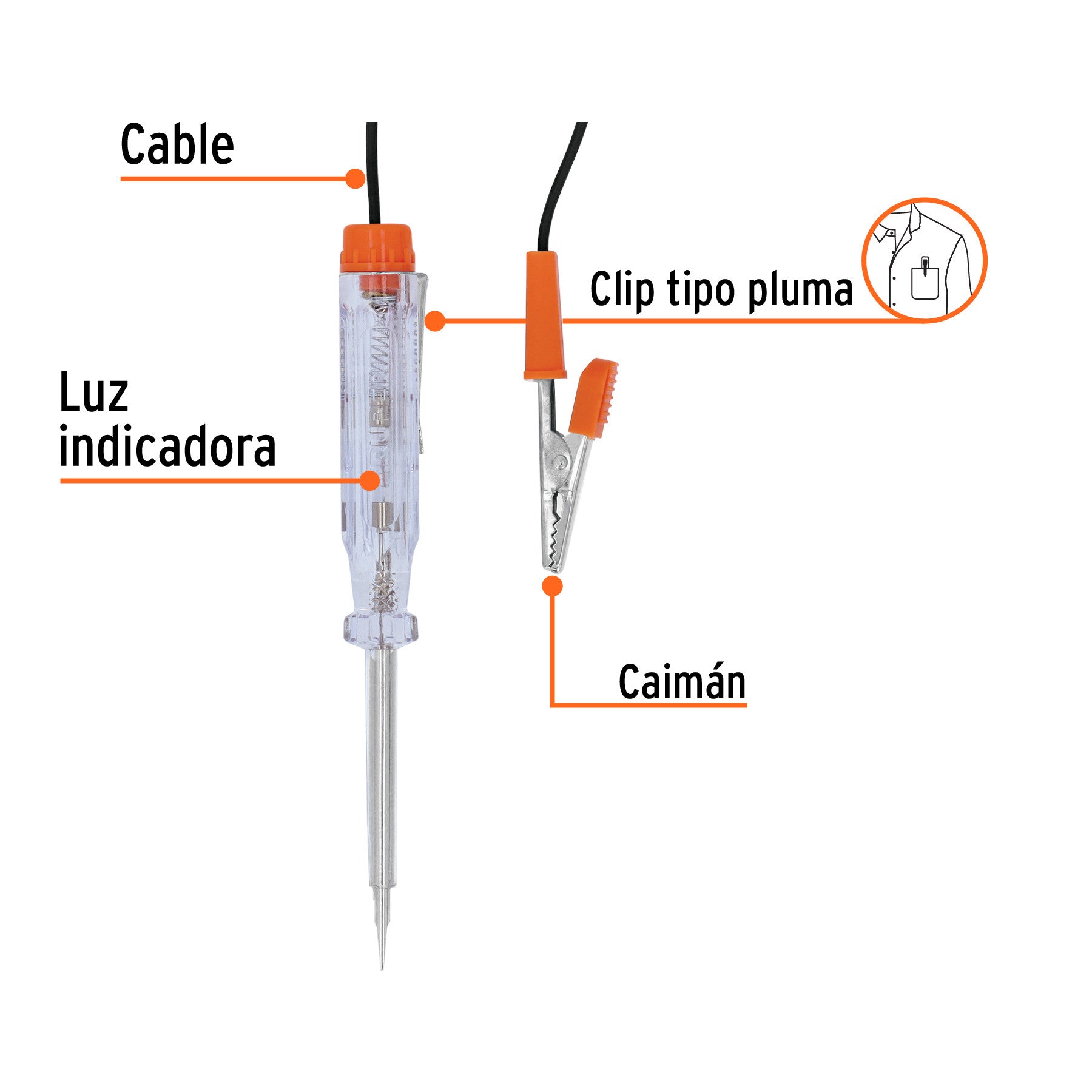 Probador de circuitos de corriente directa 14 cm c/caimán