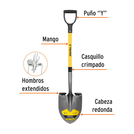 Pala redonda Tru Pro, puño 'Y', mango de fibra de vidrio