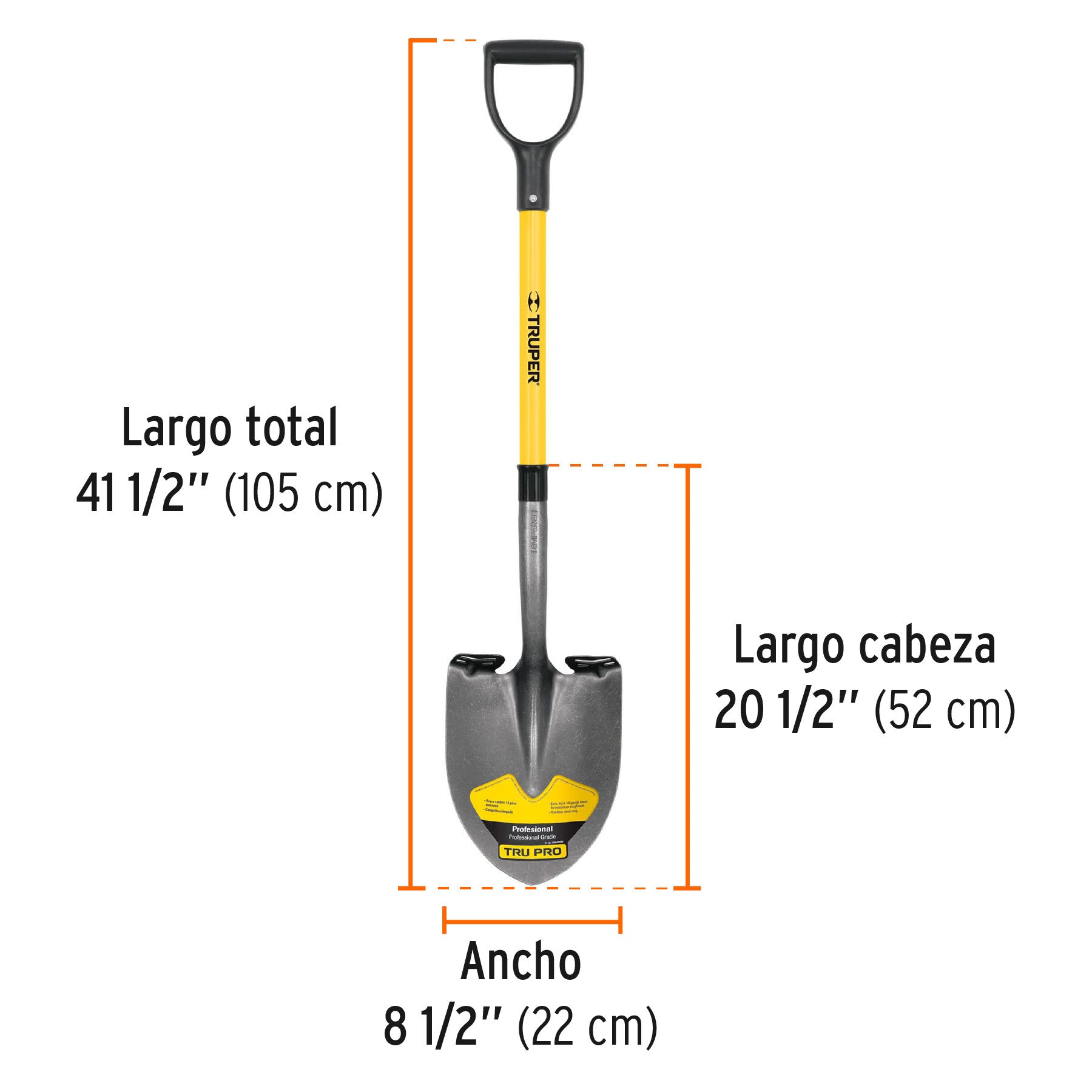 Pala redonda Tru Pro, puño 'Y', mango de fibra de vidrio